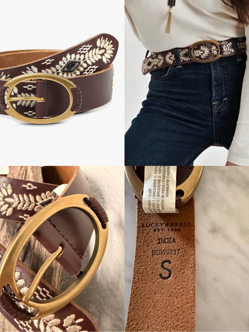 Lucky Brand Embroidered Leather Belt Brass Buckle western hobo Sz S